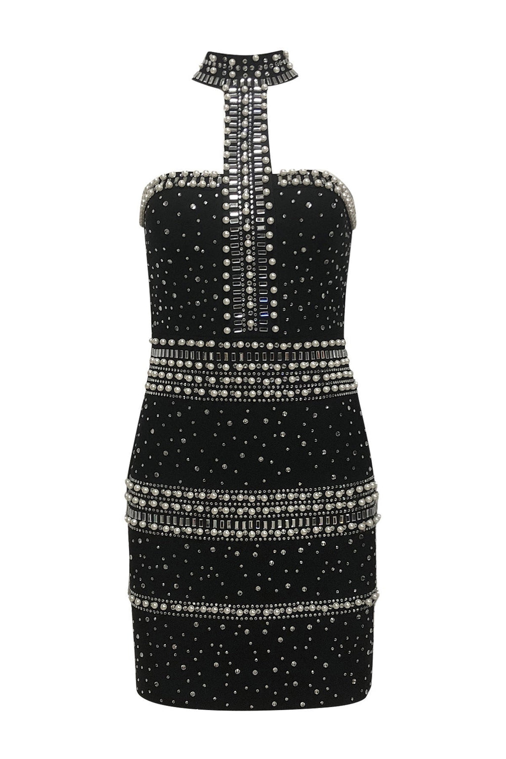 Nelly Pearl Rhinestone Halter Mini Dress In Black