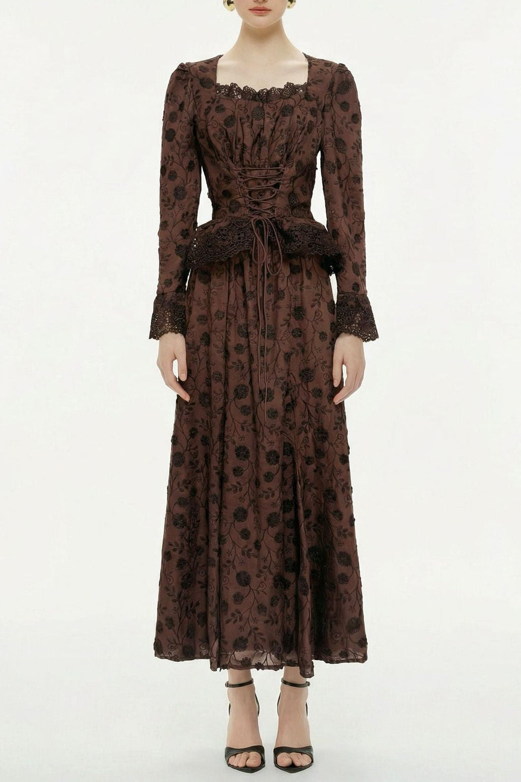 Fiorenza Brown Floral Lace Blouse & Skirt Set