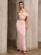Flowering Girl Women Alice Pink Lace Off-Shoulder Top And Skirt Set