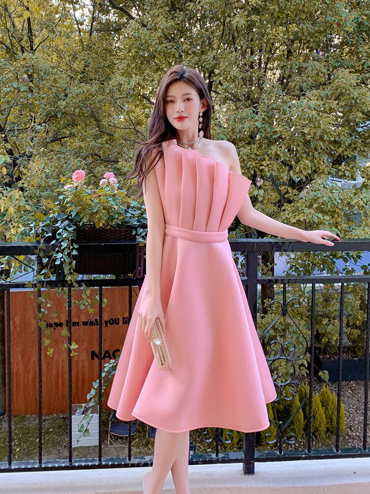 Dolores Ruffled Hem Strapless One-Shoulder Full Midi Dress