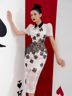 Flowering Girl Women Poker Patterns embellished midi dress in white