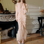 Flowering Girl Women pearl embellished ruched apricot maxi dress
