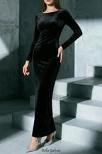 lee Black long-sleeve backless studded fishtail velvet maxi dress