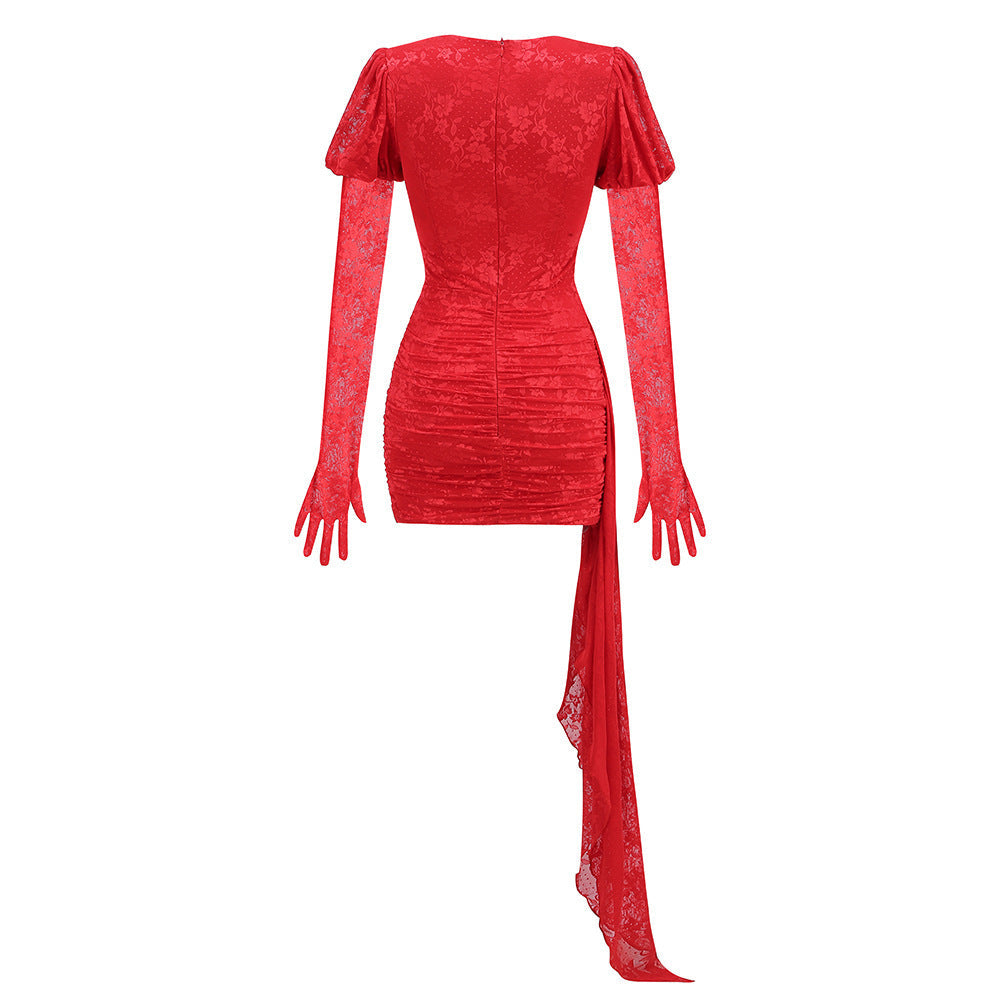 Dariel Floral Jacquard Cutout Draped Mini Dress - Red