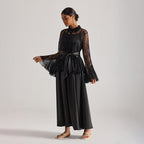 Tiffany black lace bell-sleeve ruffle embroidered top maxi skirt set
