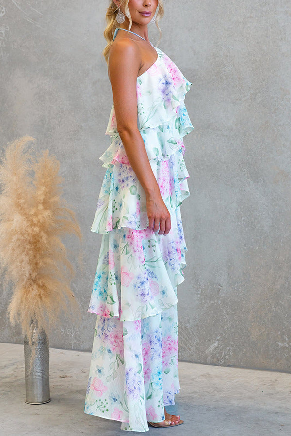 Flowering Girl Women Floral Ruffle Halter Neck Midi Dress - blue