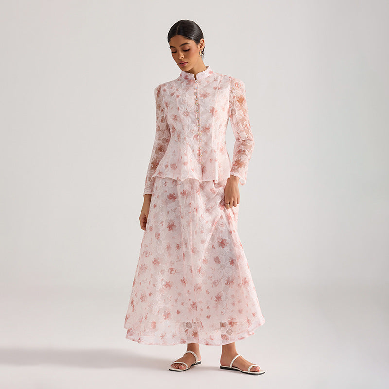 rebecca pink Floral embroidered long-sleeve top skirt set
