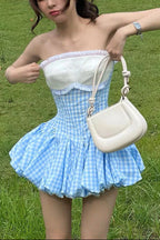 Flowering Girl Women stephanie plaid strapless puffy mini dress - blue