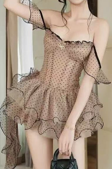 Off Shoulder Polka Dot Mesh Ruffle Mini Dress