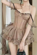 Off Shoulder Polka Dot Mesh Ruffle Mini Dress