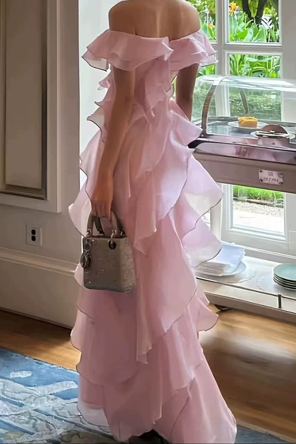 Off Shoulder Ruffled Layer Chiffon Maxi Evening Dress