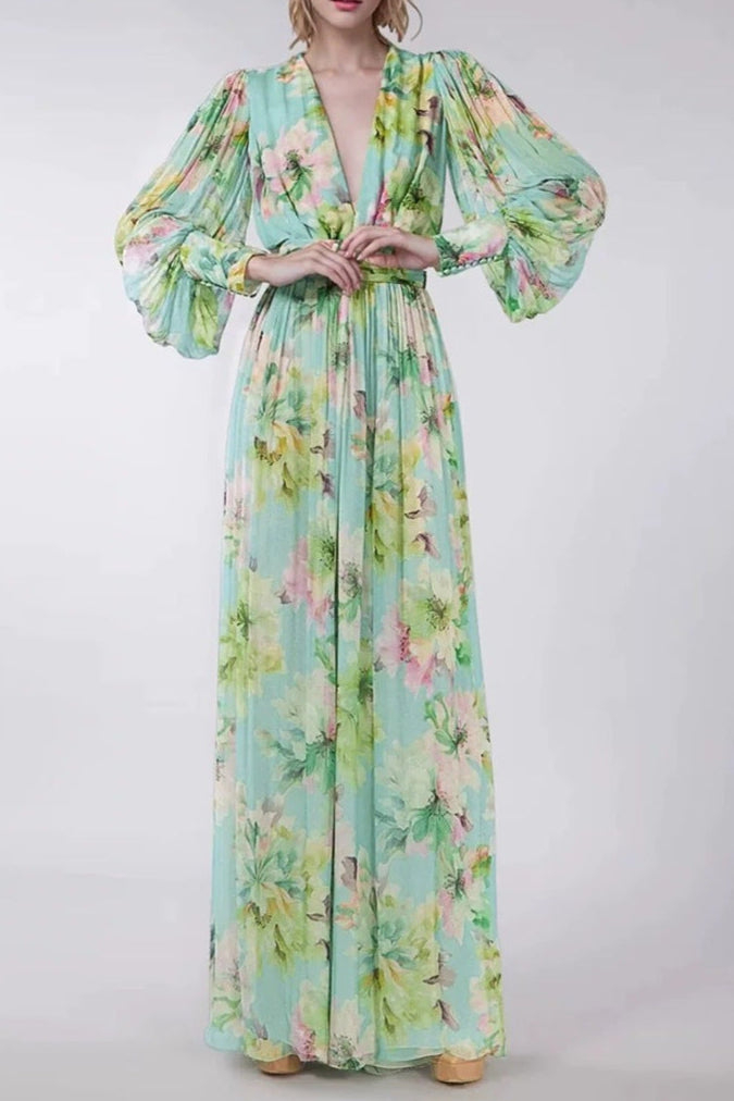 Flowering Girl Women V Neck Floral Print Chiffon Maxi Dress In Green
