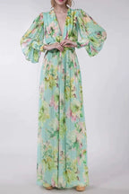 Flowering Girl Women V Neck Floral Print Chiffon Maxi Dress In Green