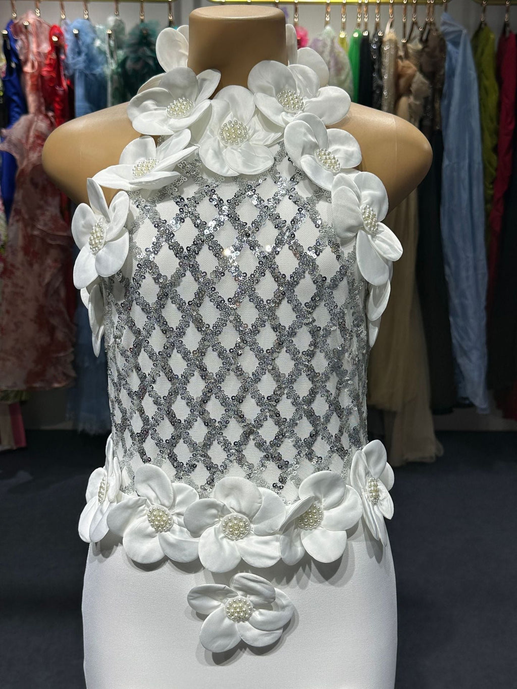 phoenix 3d flower sequin halter bandage maxi dress in white