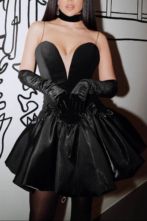 Flowering Girl Women black Strapless puff mini dress