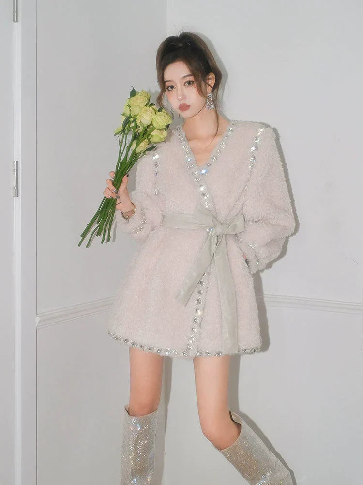 Joy V-Neck Long Sleeve Diamond Stud Coat