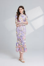 Flowering Girl Women CAROL PURPLE FLORAL EMBROIDERY MESH LONG SLEEVE MIDI DRESS