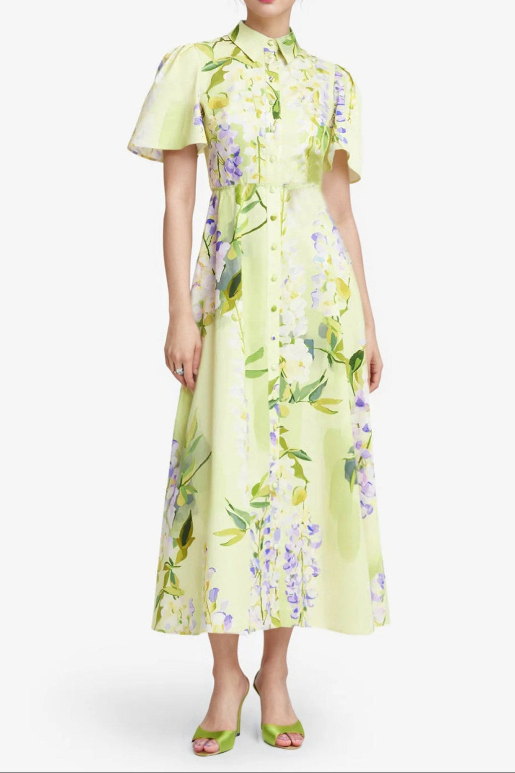 Polo Neck Short-Sleeved Floral Satin Lemon Yellow A-Line Dress