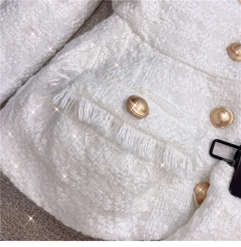 Flowering Girl Women Metal button wool shorts two-piece set - white
