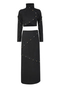 Button-Embellished Cotton-Jersey Top Maxi Skirt Suit In Black