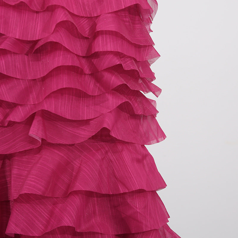 Cathy Pleated Layer Strapless Maxi Dress In Rose Red