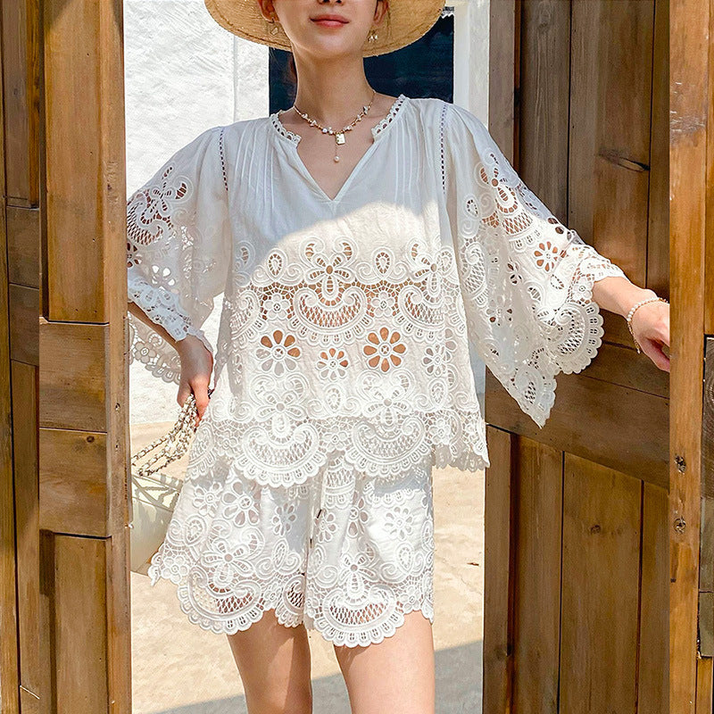 White Lace Embroidered Hollow Suit