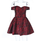 Jacquard Slim Waist Strapless Puffy Mini Dress In Wine Red