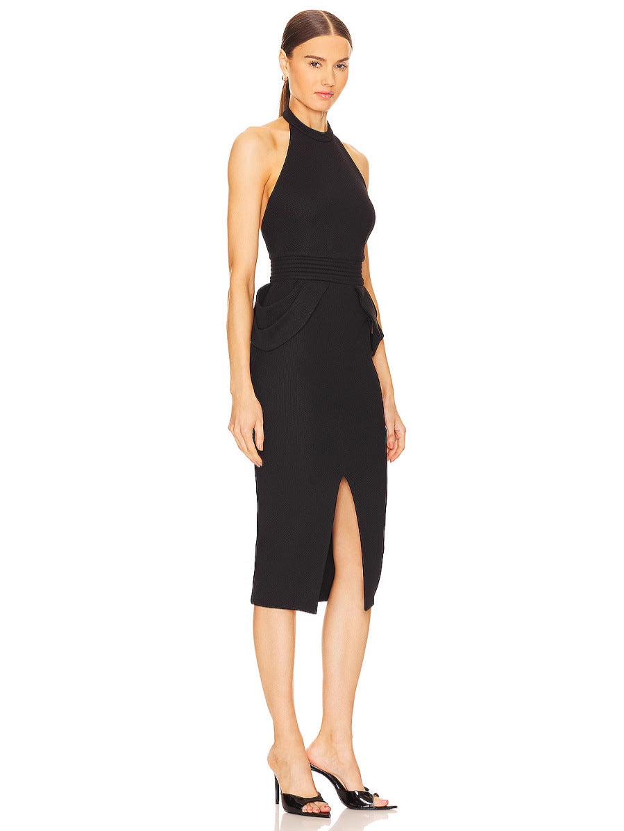 Flowering Girl Women Rise Textured Halter Midi Dress in black