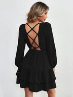 Flowering Girl Women Backless tie-up ruffle long-sleeved dress in blue
