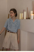 Flowering Girl Women embroidery yarn-dyed striped lapel short-sleeved shirt