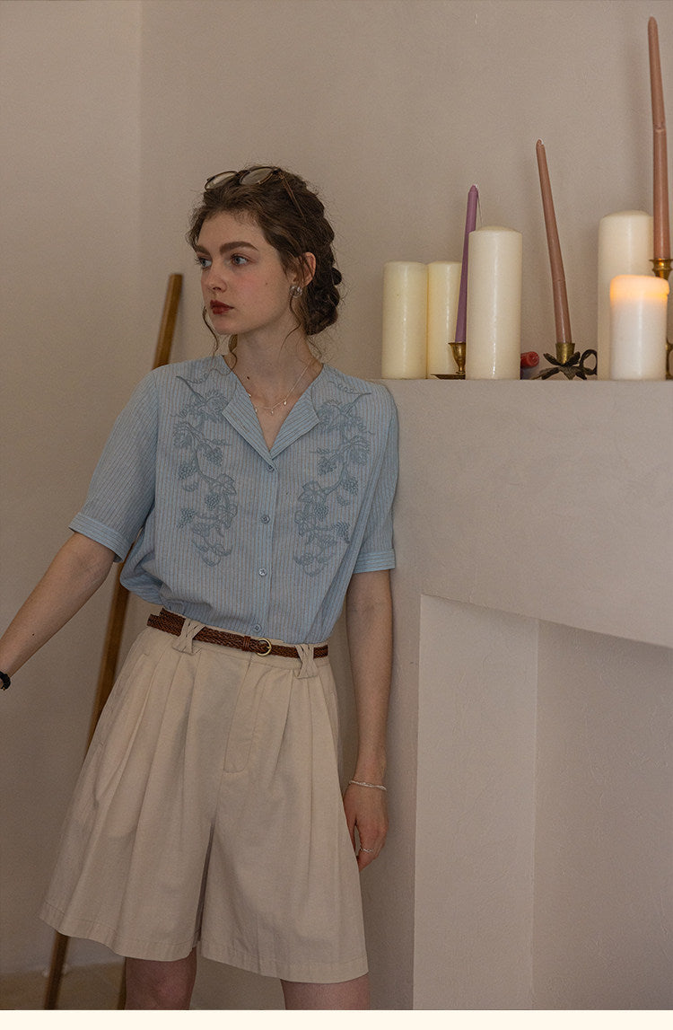 Flowering Girl Women embroidery yarn-dyed striped lapel short-sleeved shirt