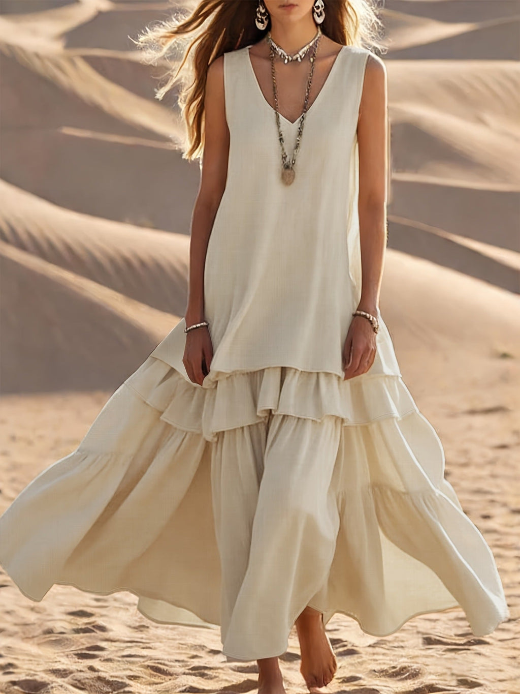 Flowering Girl Women Sleeveless V-Neck Tiered Ruffle Maxi Dress