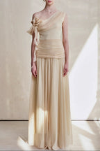 One-Shoulder 3D Flower Ruched Maxi Dress
