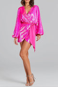 Flowering Girl Women Irregular Sequin Slit Mini Dress In Rose Red