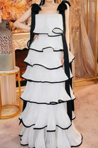 mandy White layer Ruffled Maxi Dress with Bows