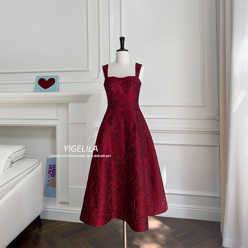 Burgundy Jacquard Camisole Midi Dress
