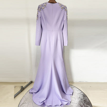 nail bead set diamond front slit small trailing long dress