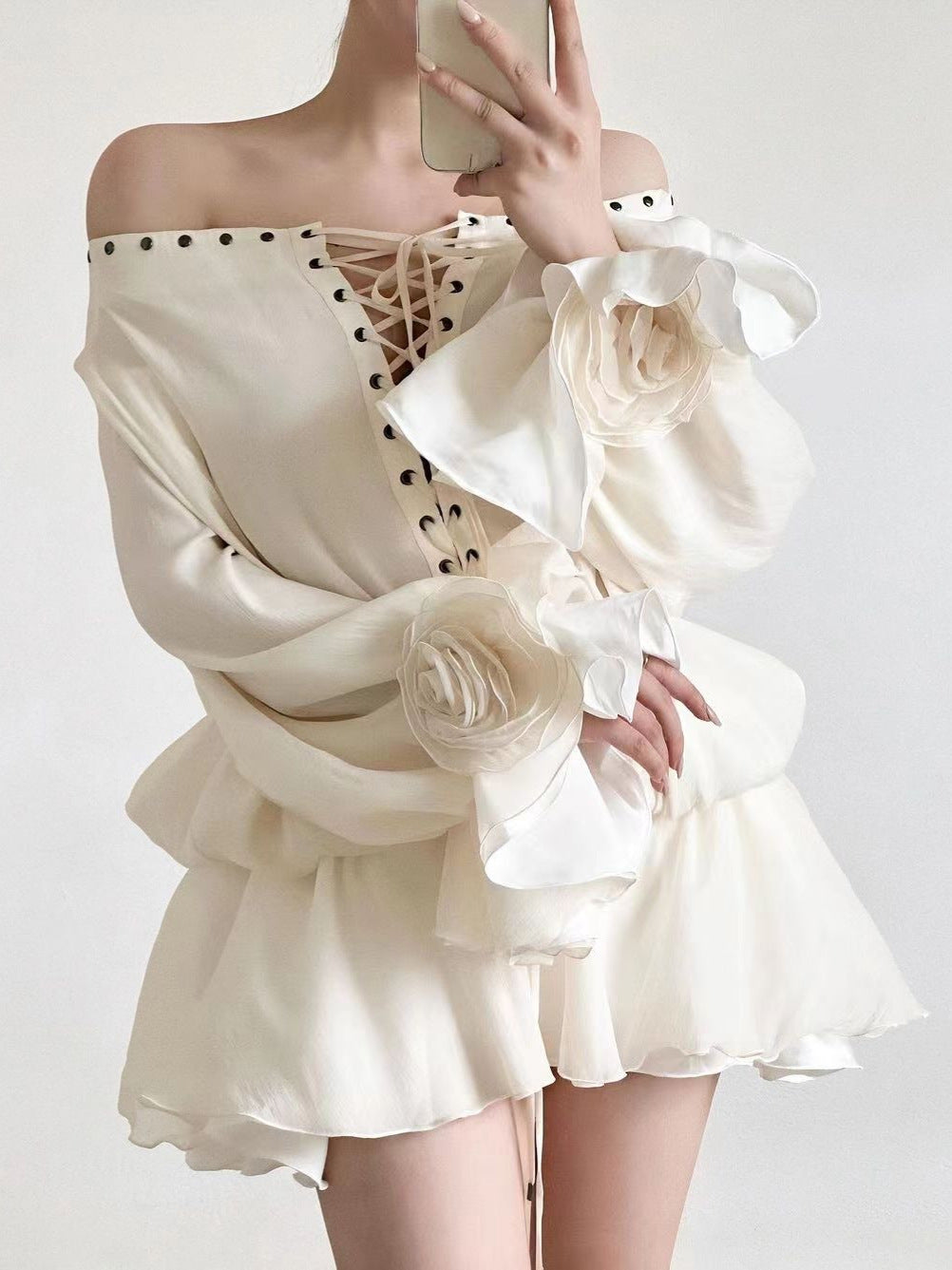 Flowering Girl Women off-shoulder flared sleeve mini shirt dress in white