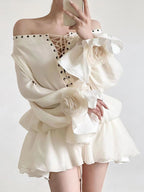 Flowering Girl Women off-shoulder flared sleeve mini shirt dress in white