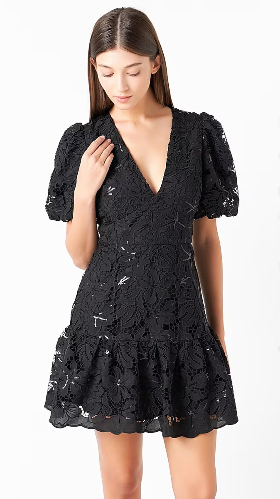black sequin lace fitted flared mini dress