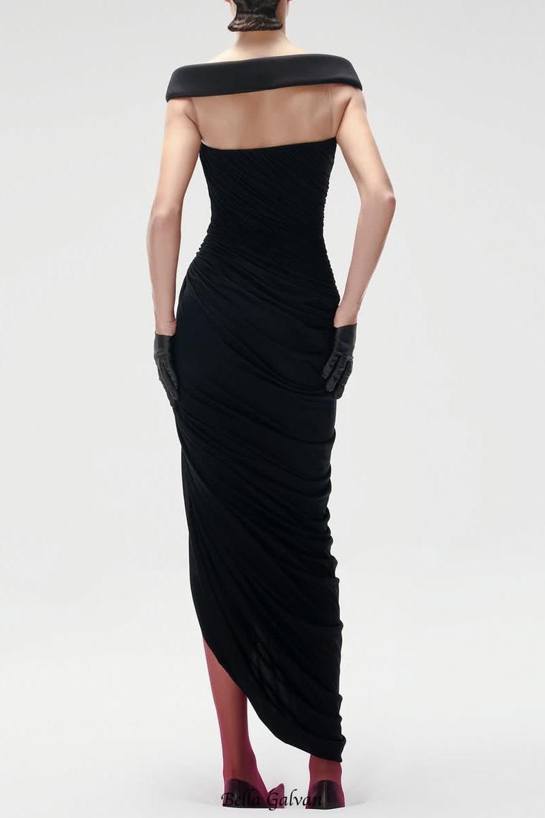 lola black Off-shoulder asymmetrical-draped high slit maxi dress