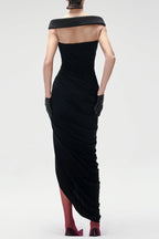 Lola Black Off-Shoulder Asymmetrical-Draped High Slit Maxi Dress