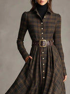 long sleeve printed lapel elastic cinched maxi dress