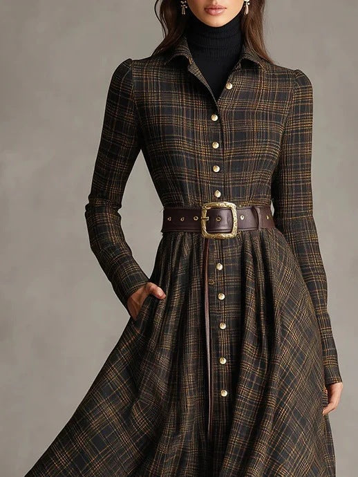 long sleeve printed lapel elastic cinched maxi dress