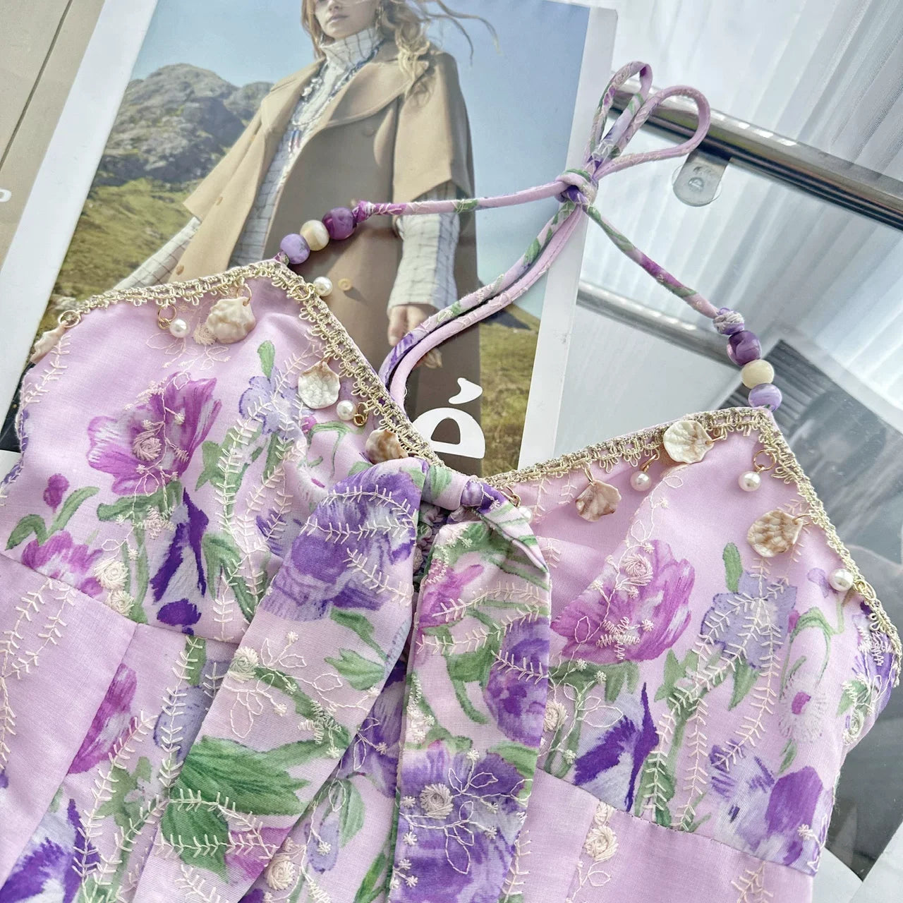 Flowering Girl Women Halter Spaghetti Strap Bow Front Floral Embroidery Midi Dress