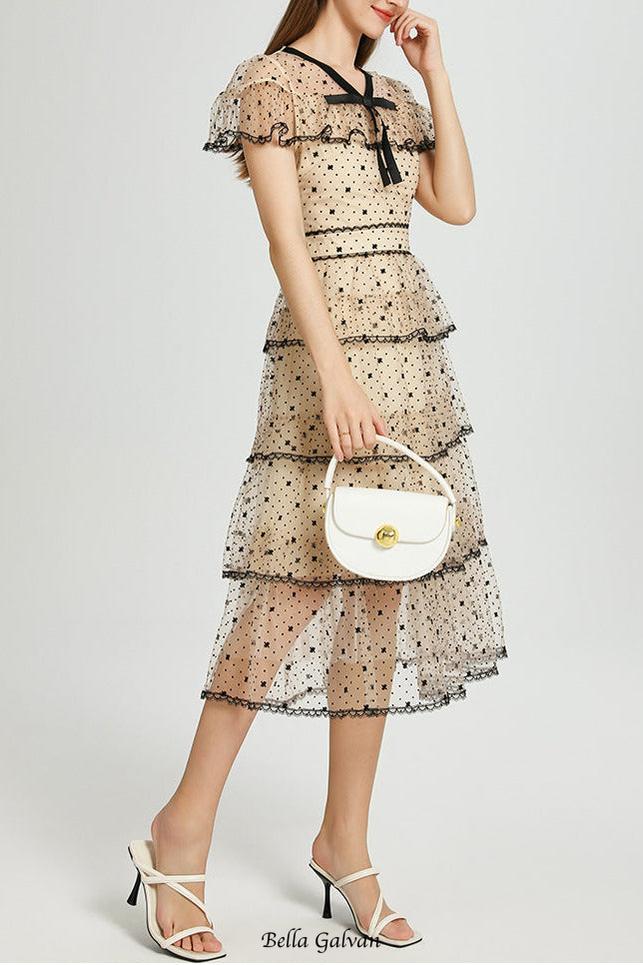 floral Embroidery pleated mesh midi dress in apricot