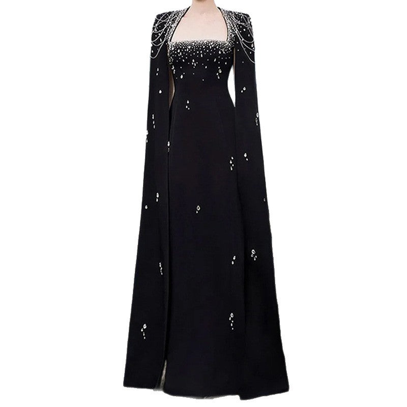 Flowering Girl Women red nail bead chain shawl sleeves floor-length dress