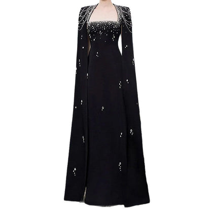 red nail bead chain shawl sleeves floor-length dress