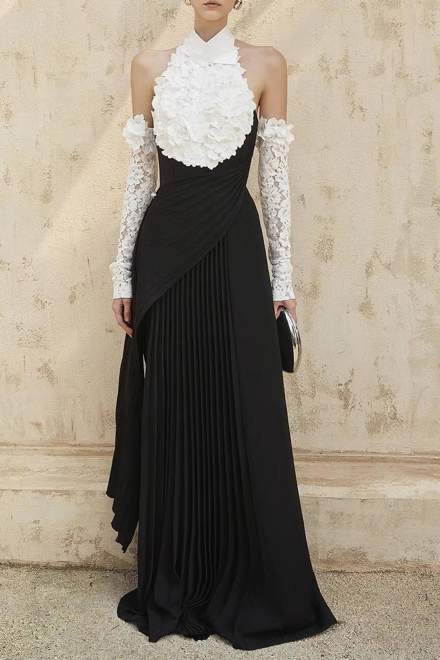 jenny Halter-neck 3d flower embroidery backless maxi dress - black