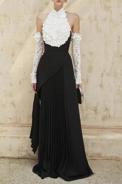 jenny Halter-neck 3d flower embroidery backless maxi dress - black